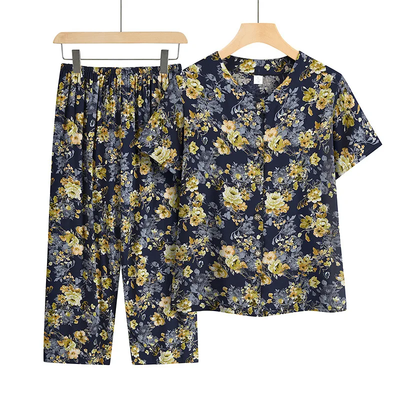 Conjuntos de Pijama para madre de mediana edad, ropa de dormir de manga corta, camiseta, cárdigan de dos piezas, Pijama Floral, trajes de verano para Mujer