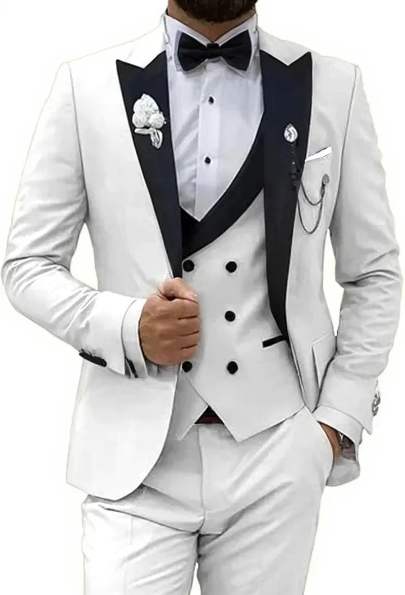 بدلات رجالية أنيقة طقم سهرة أنيق فساتين زفاف عادية الأعمال 3 قطع سترة وسراويل مجموعة الذروة التلبيب