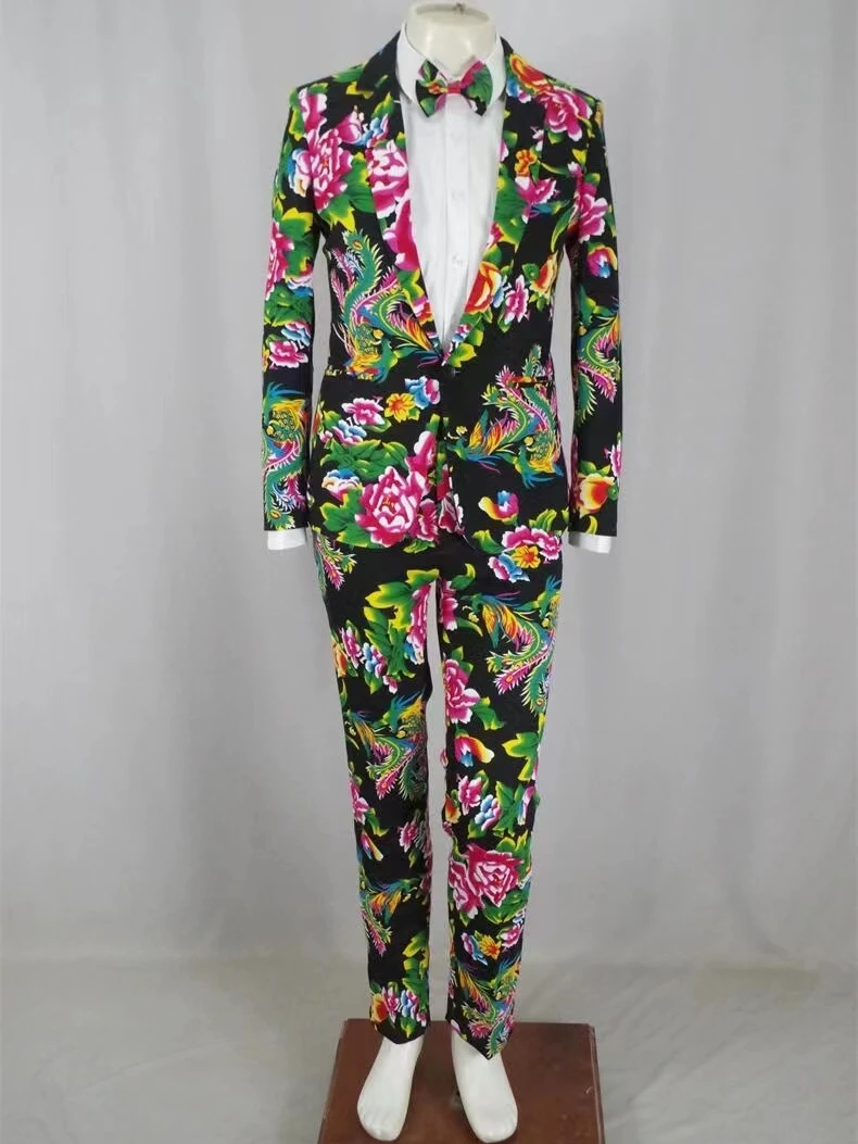 

Printed And Dyed Black Floral Suit Set For Male Singers Festival Activities Dance Stage Performances Clothing