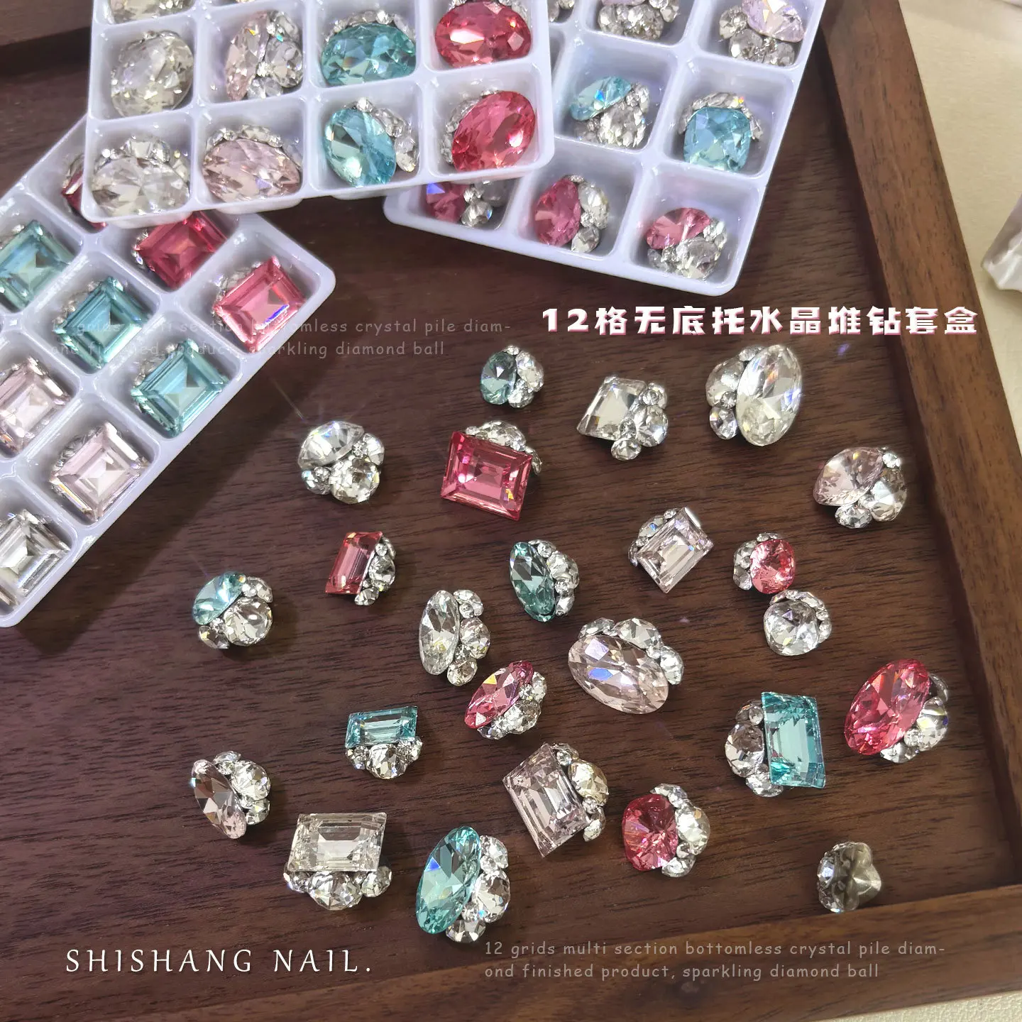 12PCS Shiny K9 Bottomless Crystal Pile Diamonds Nail Rhinestones Mix Colors Oval Square Heart Stacked Gems Manicure Suppliers