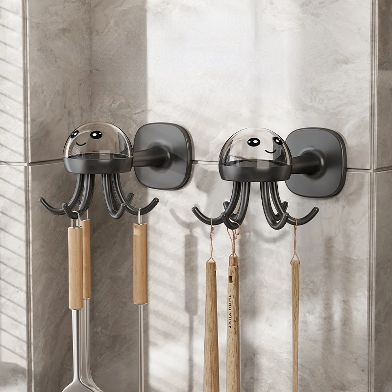 Kitchen Rotary Hook Cute Octopus Hooks Wall-mounted Storage Rack Spoon Shovel Hanger Punch-free Installation Home Decor Key Hook