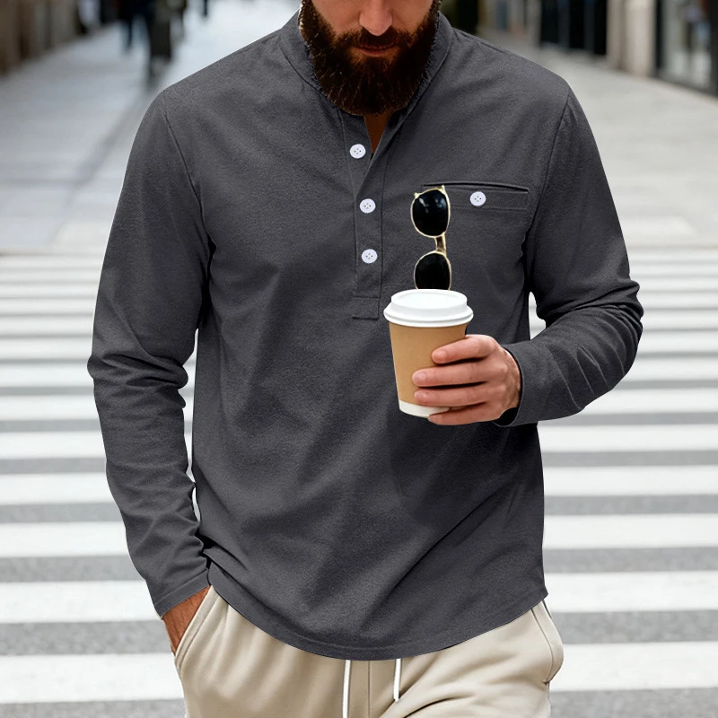 American Vintage Heavyweight Stand Collar Henley Long Sleeve Shirt For Amazon, Loose High Street Casual Men Tops Wholesale