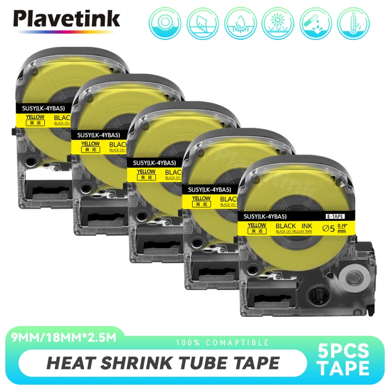 

PLAVETINK 5PC Heat Shrink Tube Tape Compatible for Epson SU5Y SU5S Black on White/Yellow Heat Shrink Tape for Epson LW-300 600P