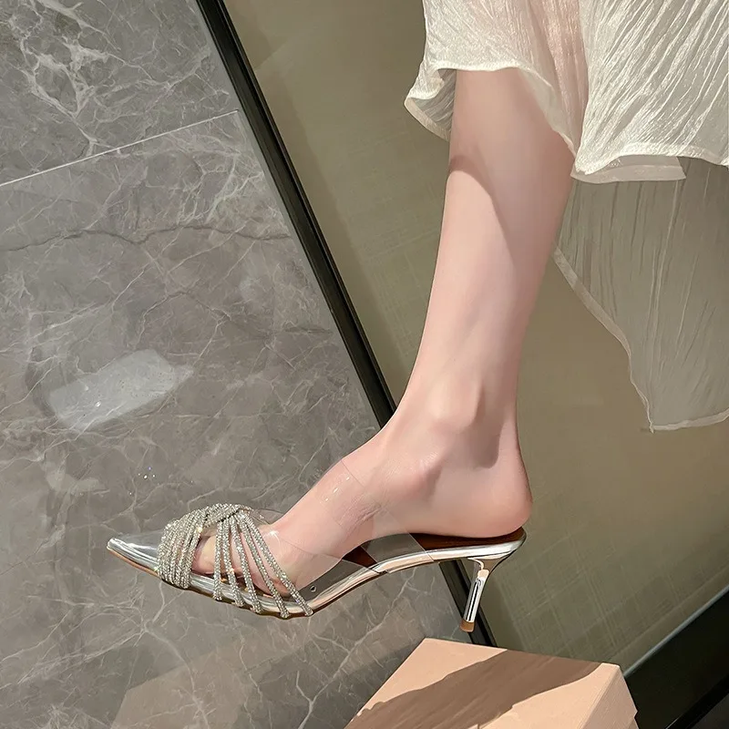

Women's Sandals Temperament Pointed High Heeled Sandals Luxury Rhinestone Banquet Dress Heels Transparent PVC High Heel Sandals