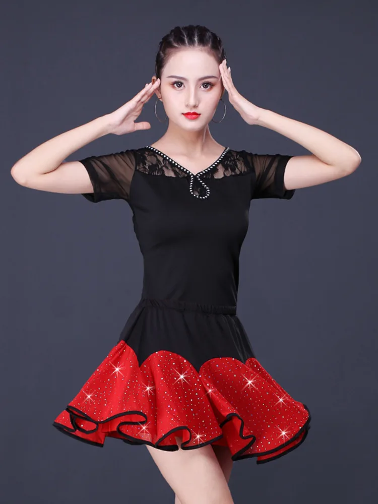 Adult Women Latin Tops And Skirt 2pcs Set Short Sleeved Stage Clothing Ballroom Samba Cha Cha Dancing Practice 2024 Summer