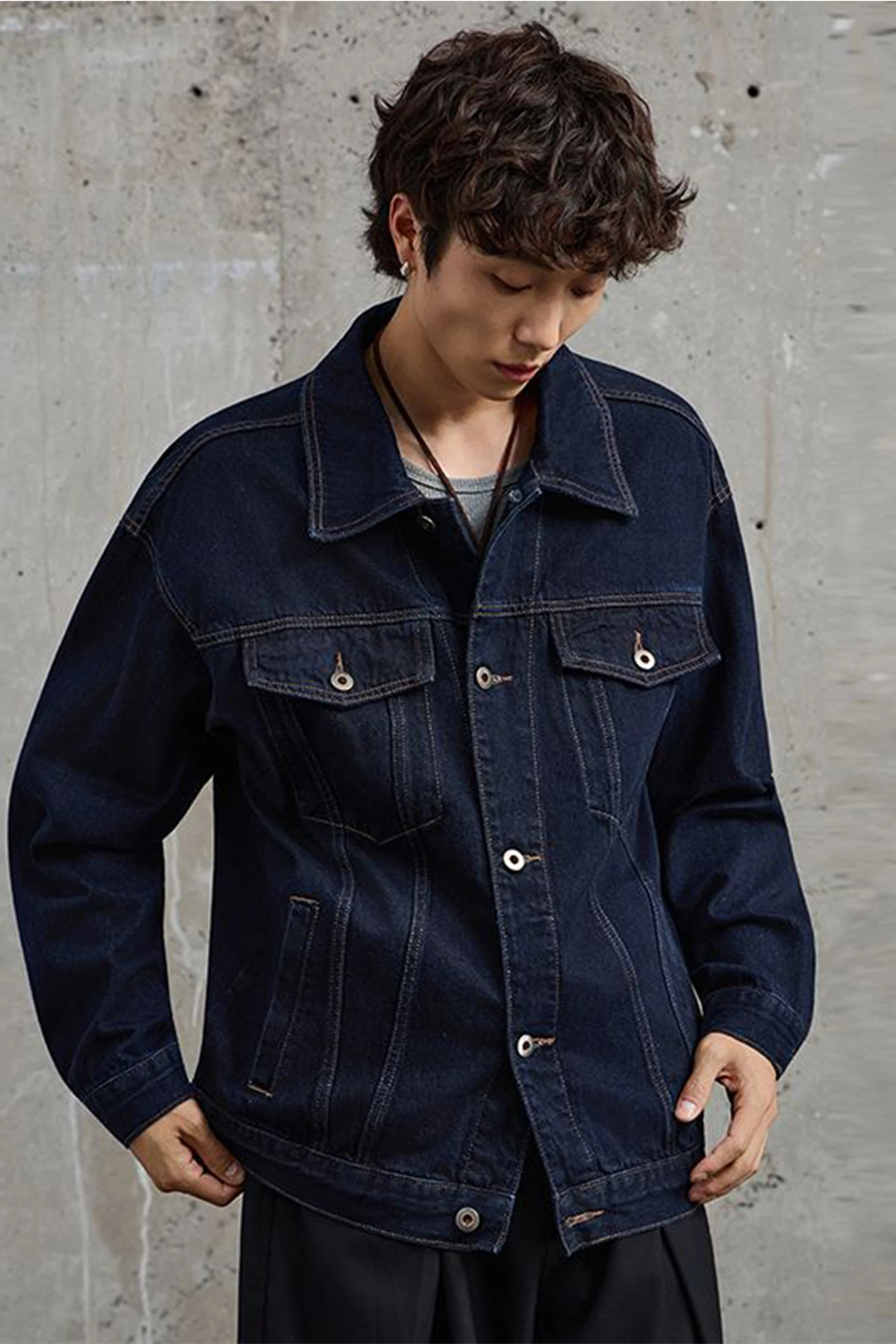 American-Style Navy Blue High-End Vintage Oversized Denim Jacket for Men, Casual Chic Loose Versatile Outerwear, Trendy Brand Cool Lapel Denim Top