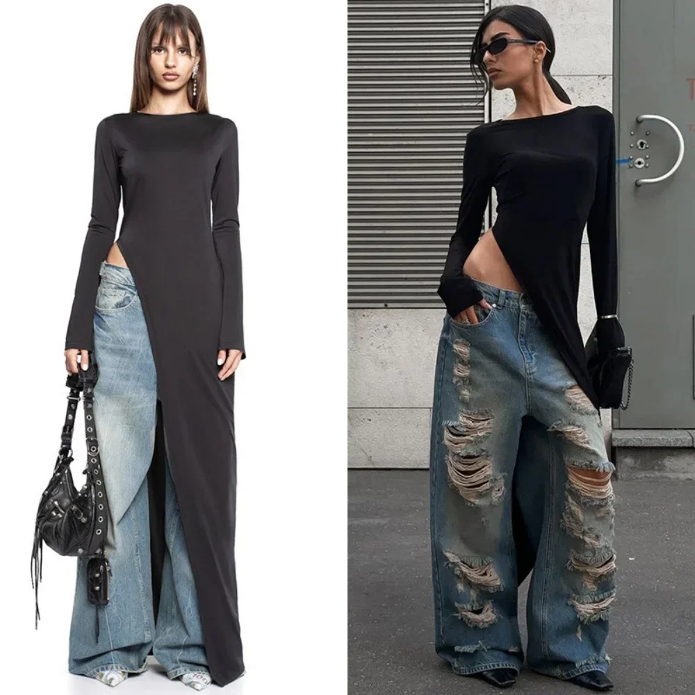 فستان أسود غير متماثل بأكمام طويلة، ملابس عصرية برقبة دائرية، فساتين أنيقة لحفلات النادي، فساتين خريفية عالية الارتفاع