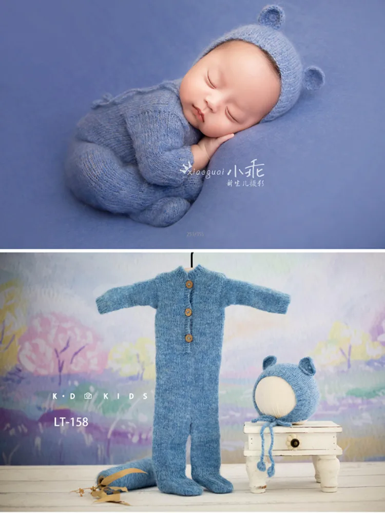 High End Wool Onesie Ear Hat Set Newborn Photography Outfit Soft High Elasticity Romper Bodysuit Studio Baby Boy Girl Clothes