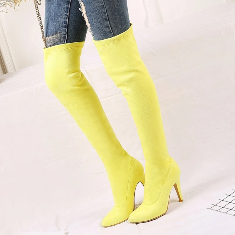 ORCHA LISA 2022 Thigh High Boots Color Over The Knee 9.5cm Purple Pink Big Size 43 14 Long Booties Flock Pointed Toe