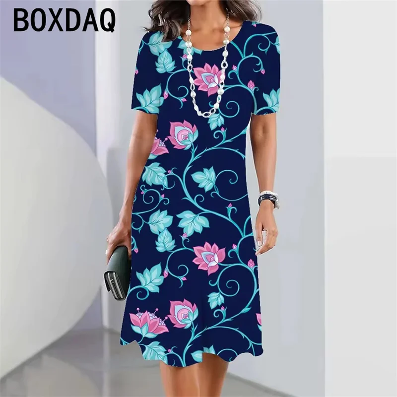 

2025 New Summer Women's Dresses Bohemian Flowers Elegant Retro A-Line Dress Summer Short-Sleeved O-Neck Casual Dress Vestidos
