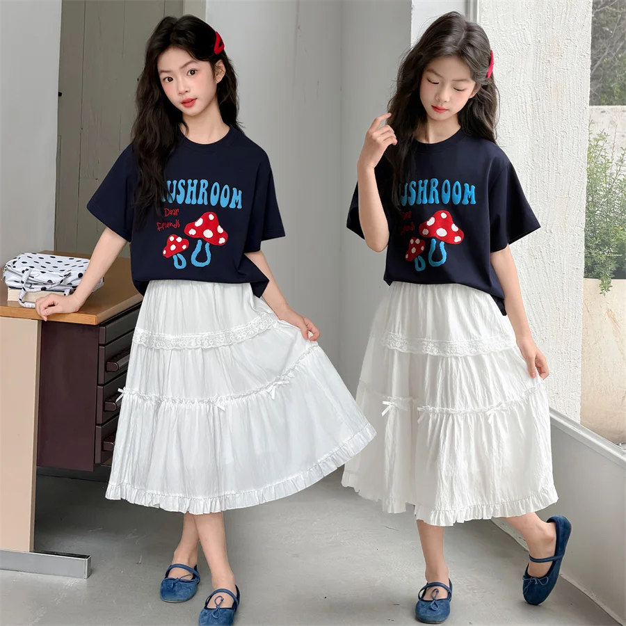 

Kids Girl Two-Piece Long Skirt And T-shirt Set 2PCS Clothing Suit Child Casual Outfit Summer Top and Bottom Clothes Set Age 5-14