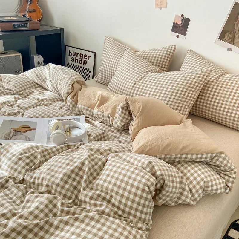 Ins Style Collision Color Elegant Washed Cotton Plaid Duvet Cover Single Piece 150X200X230Cm Single Duvet Cover