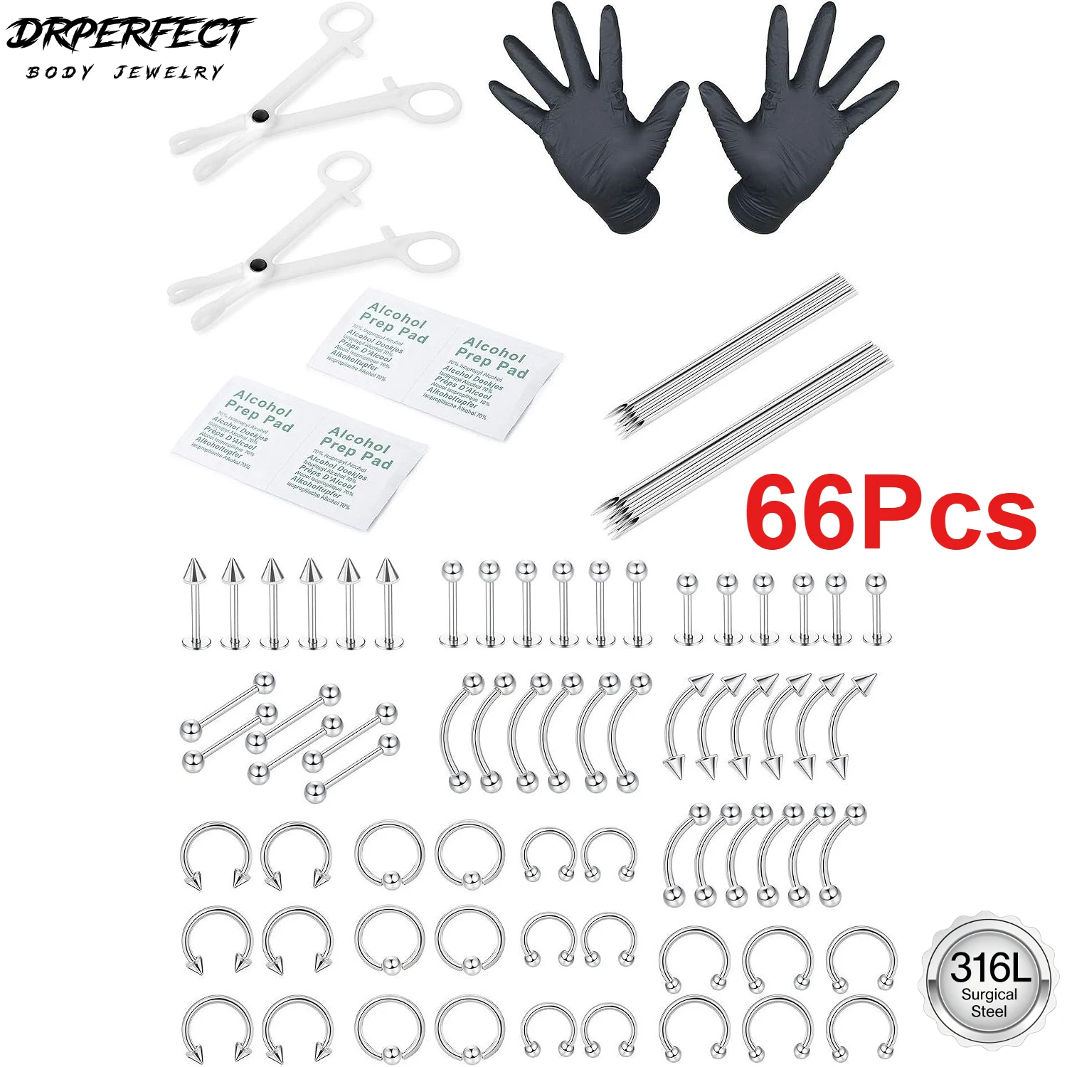 Drperfect 66-teiliges Piercing-Set aus 316L Edelstahl, 14G 16G Piercingnadeln, Bauchnabelpiercing, Septum-Piercing, Nasenstecker, Ring-Piercing