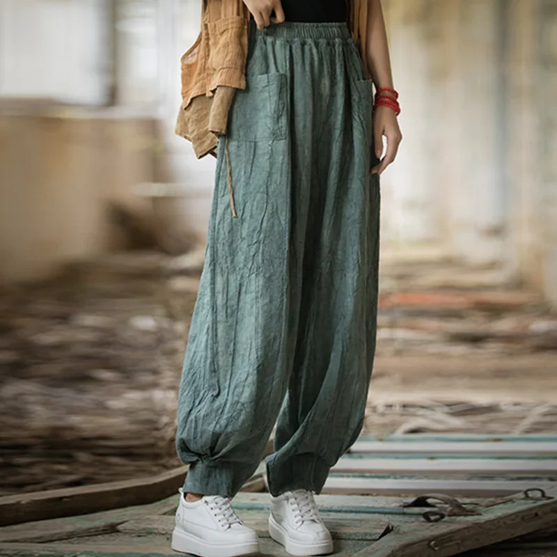 

Pop Elegant Women's Cotton Linen Baggy Cargo Pants Vintage Elastic Waist Yoga Trousers Loose Casual Long Wide Leg Oversize Cloth
