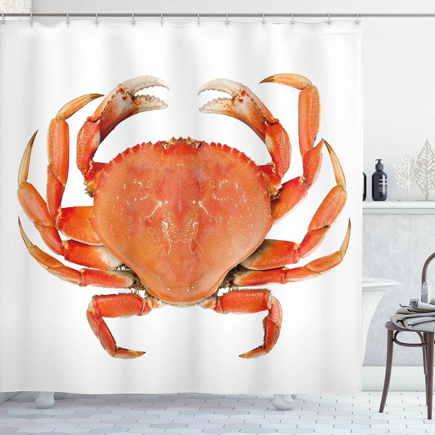 Crabs Shower Curtain, Sea Animals Theme a   Marks Digital Image Print, Cloth Fabric Bathroom Decor Set with Hooks