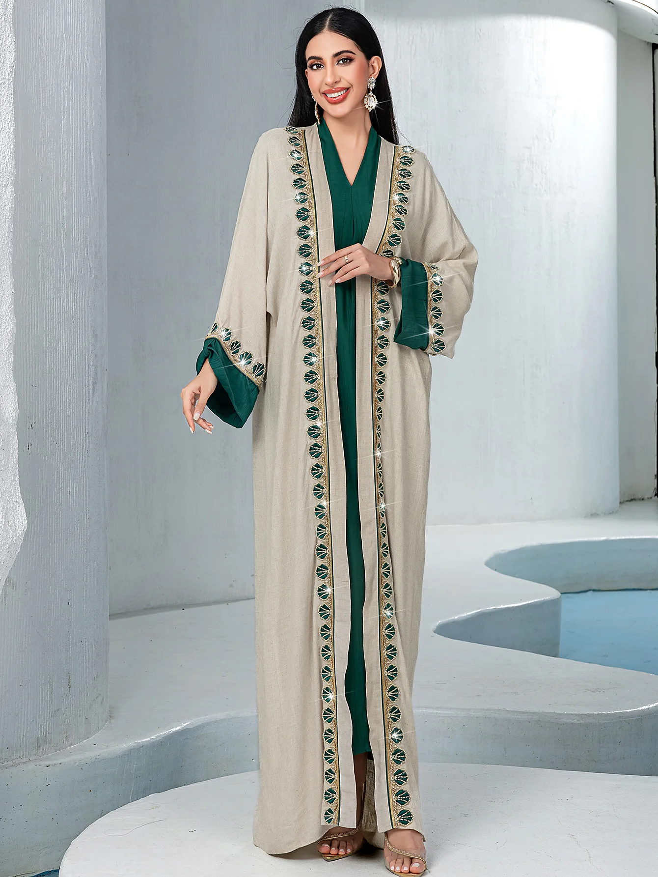 2 STUKS Ramadan Moslim Sets voor Vrouwen Kant Kimono Vest Met Innerlijke Jurk Dubai Abaya kebaya Caftan Marocain Femme Gewaad Eid Suits