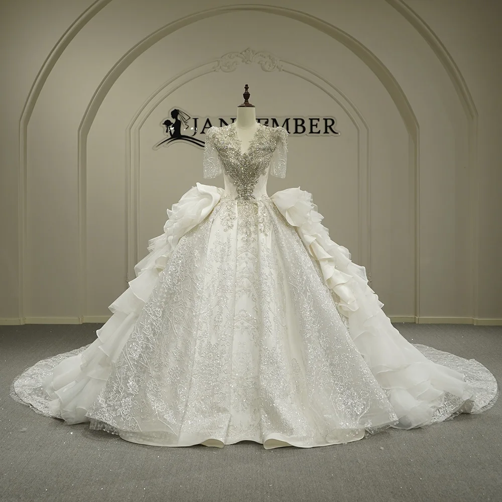 Luxurious Wedding Dress Sequins With Bead Ballgown V-Neck Customized Bride Dress Organza Vestido De Novia Court Train