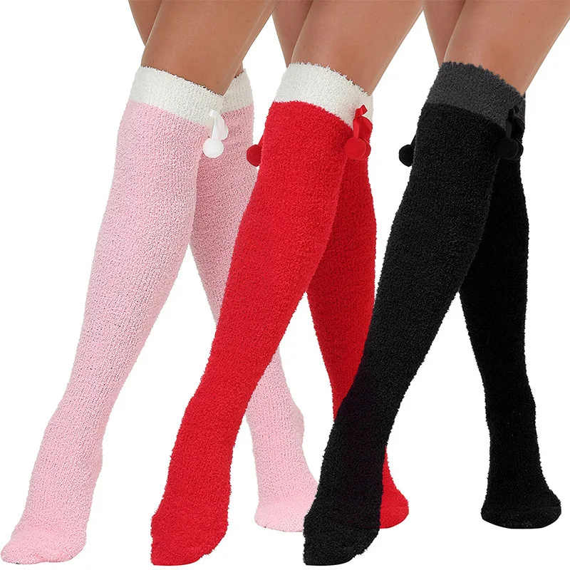 

Fur Ball Over-The-Knee Socks For Women Warm Long Stockings For Autumn Winte Christmas Reindeer Cute Little Deer High Stockings