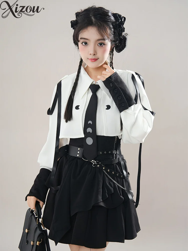 

2024, весна-лето, женская белая, черная тонкая рубашка, комплект с короткой юбкой, комплект с высокой талией, костюм, топ, блузка, юбка, пояс, пуговицы, мини