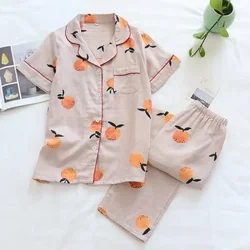 2024 new spring and summer pajamas two-piece 100% cotton gauze women's short-sleeved trousers home service suit cute and thin