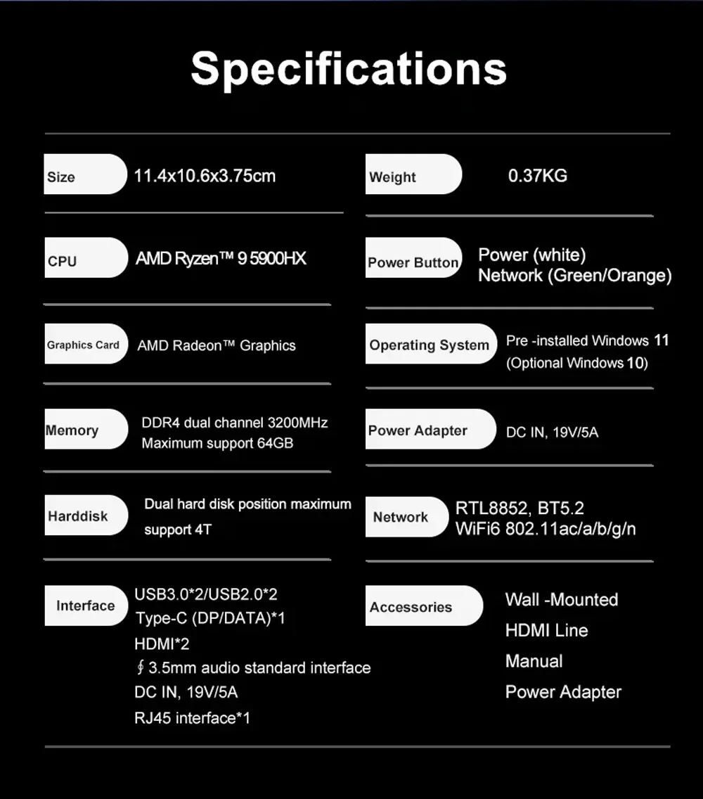 AMD Gaming Mini PC Ryzen 7 7730U 9 5900HX Windows 11 Pro 2xDDR4 2xNVMe Gamer Desktop Computer 3*8K Display HTPC WiFi6 BT5.2