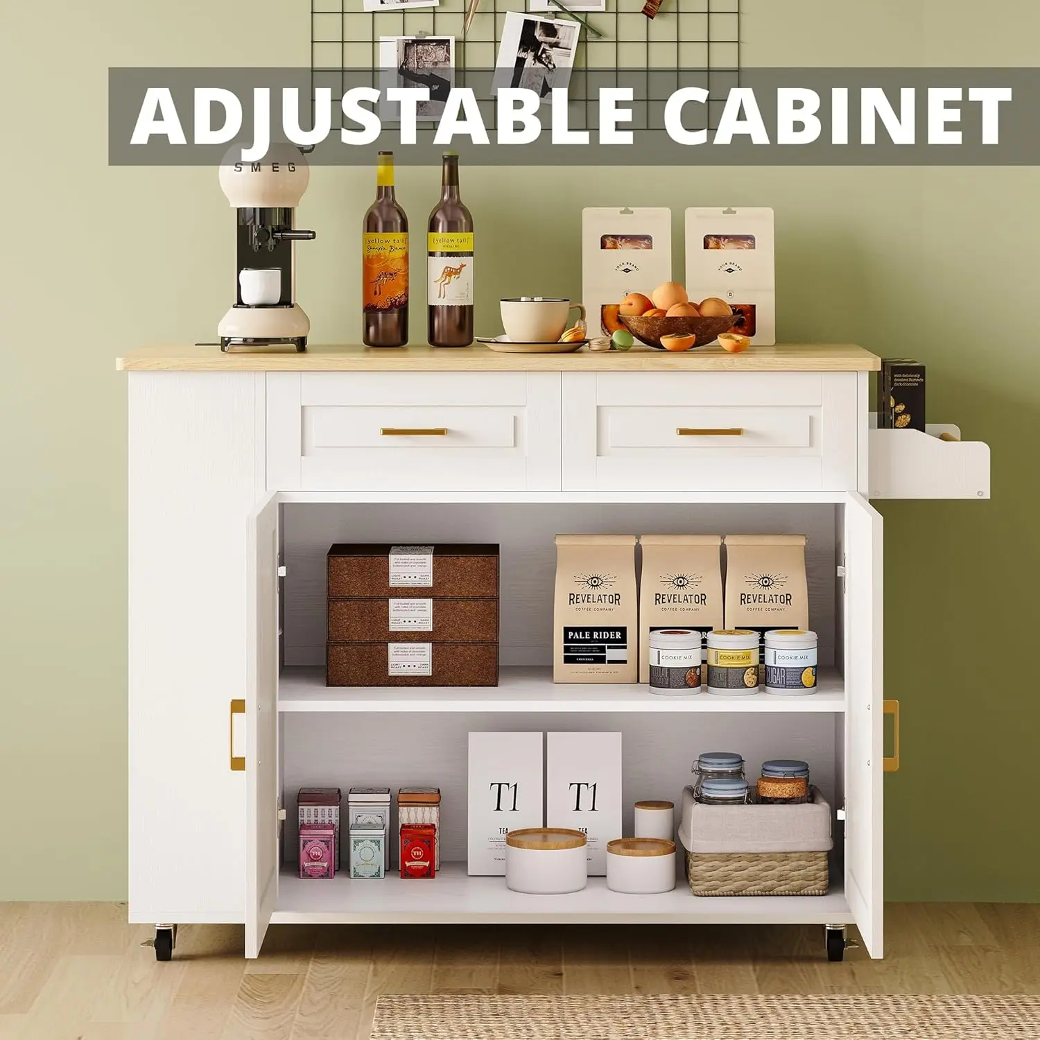 Rolling Kitchen Island with Storage, Kitchen Cart Cabinet with Drop-Leaf & Charging Station Drawer & Shelves & Spice Rack 47" W image 5