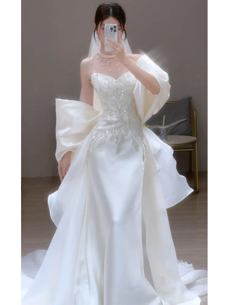 

Silk Satin Wedding Dr 2025 New Sle Bridal Gown 2026 Exit Veil Light Fi Tail Morning Robe Women Bride Toasting Suit