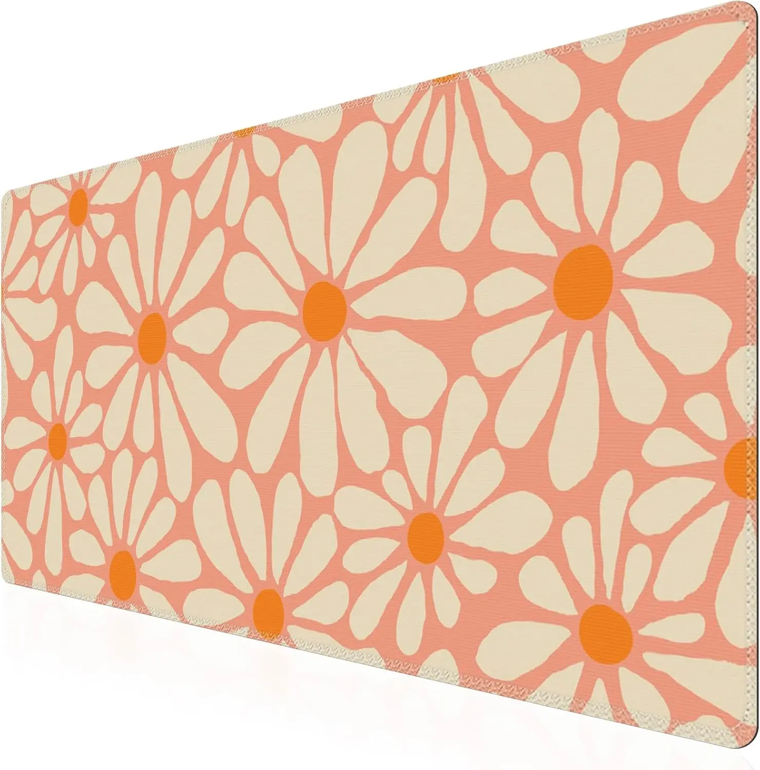 Large Desk Mat with Anti-Slip & Stitched Edges, Cute Floral Mouse Pad for Computer Work and Gaming in Orange