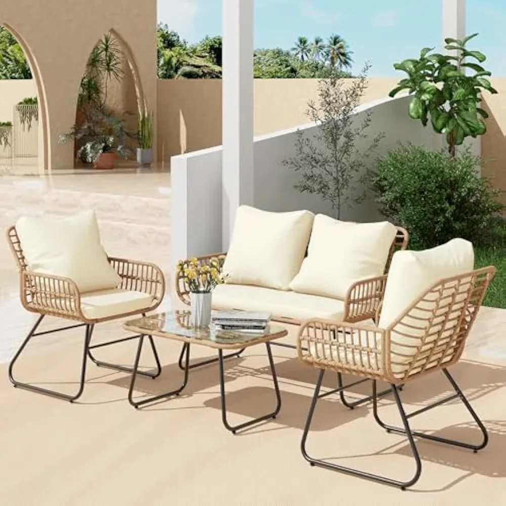 

4-Piece Outdoor Patio Furniture Set with Cushions & Tempered Glass Table, All-Weather Rattan Bistro Set