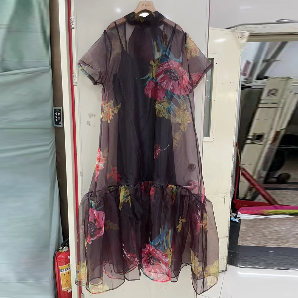 TWOTWINSTYLE, vestidos elegantes holgados con estampado empalmado para mujer, cuello redondo, manga corta, vestido con pliegues de malla de retales para mujer