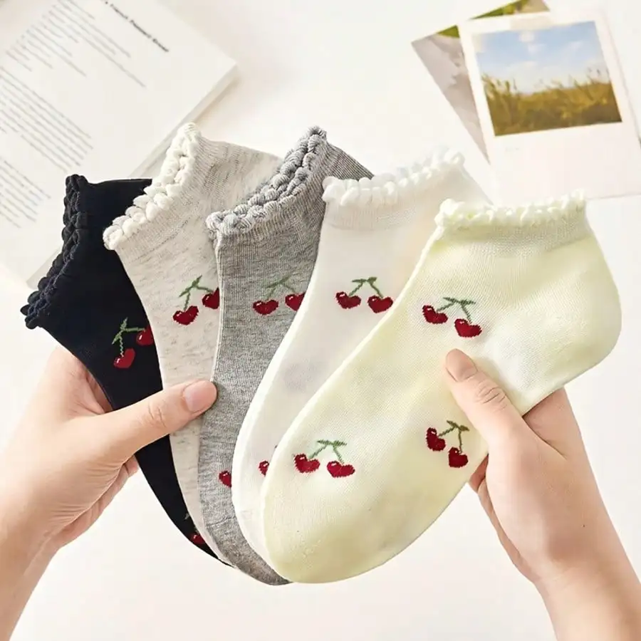 5 Pairs Cute Cherry Ruffle Ankle Socks for Women, Spring Breathable Comfortable Casual Socks, Suitable For Spring, Summer, Autum