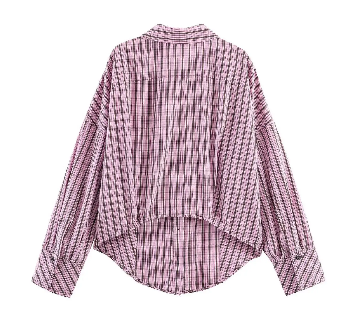 Spring Summer Fashion Pink Plaid Lapel Collar Long Sleeve Shirt Women Side Lacing up Bow Waist Loose Asymmetry Blouses Tops