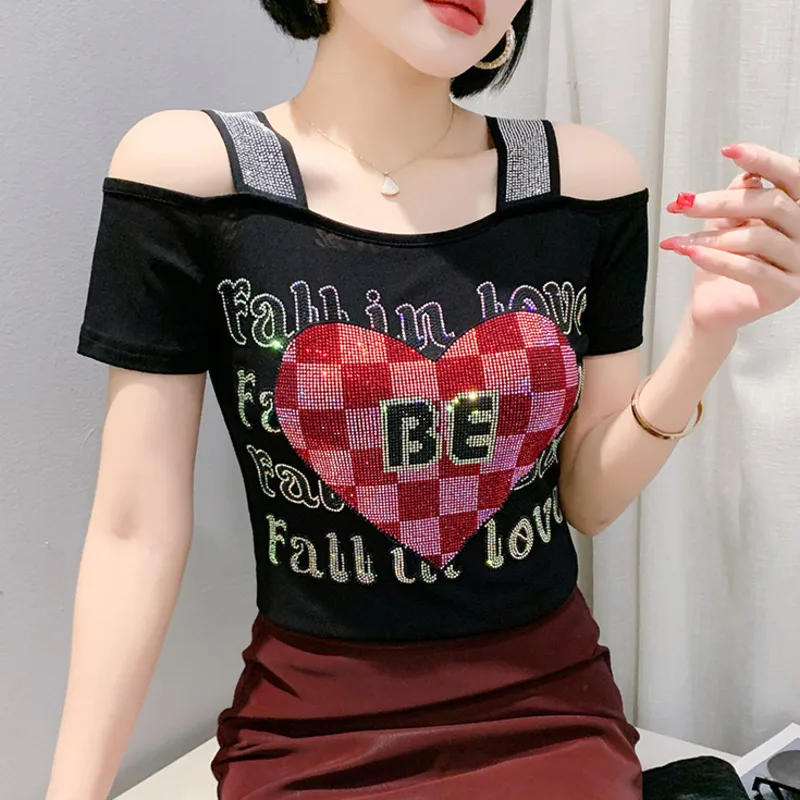 

Новинка весны 2025 года, сексуальная футболка с открытыми плечами и блестящими бриллиантами, элегантные тонкие женские футболки, женские модные повседневные топы