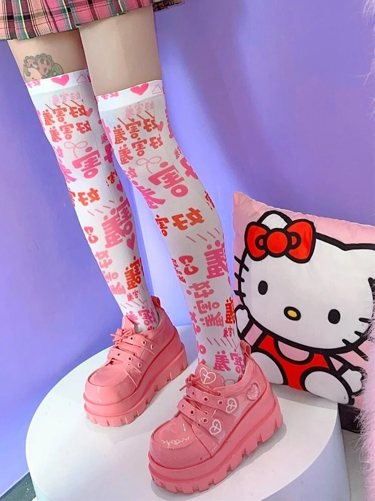 Harajuku Lolita Knee Socks for Girls, Text Printing, Streetwear, Thin Leg, White, Sweet, Cute, Pink, Y2K, Harajuku, New Hot