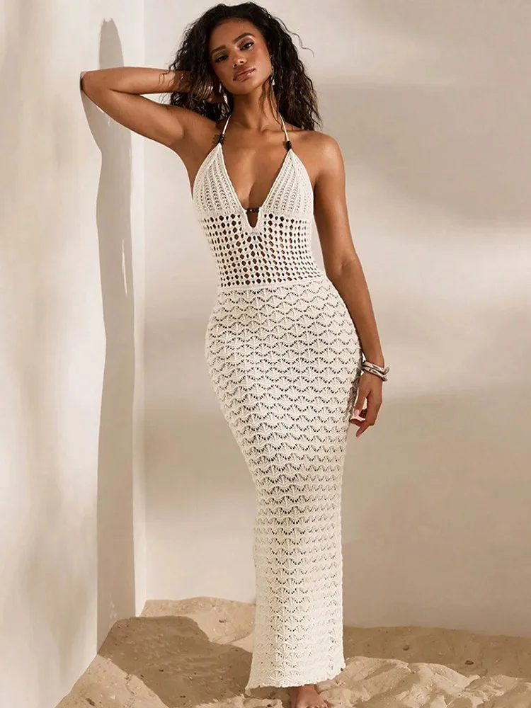 

Sexy Knit Cut Out Spaghetti Strap Bodycon Beach Maxi Dress 2026 Summer Women's Holiday Club Party Outfit Swimsuit Cover Up