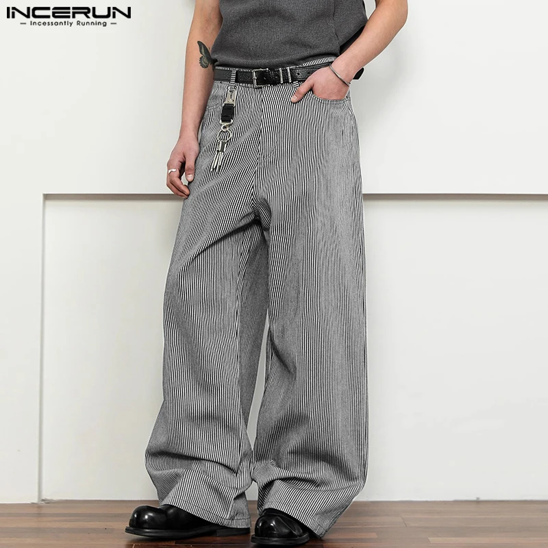 

INCERUN Men Striped Pants Button Joggers Loose Casual Straight Trousers Men Streetwear 2025 Korean Style Fashion Male Long Pants