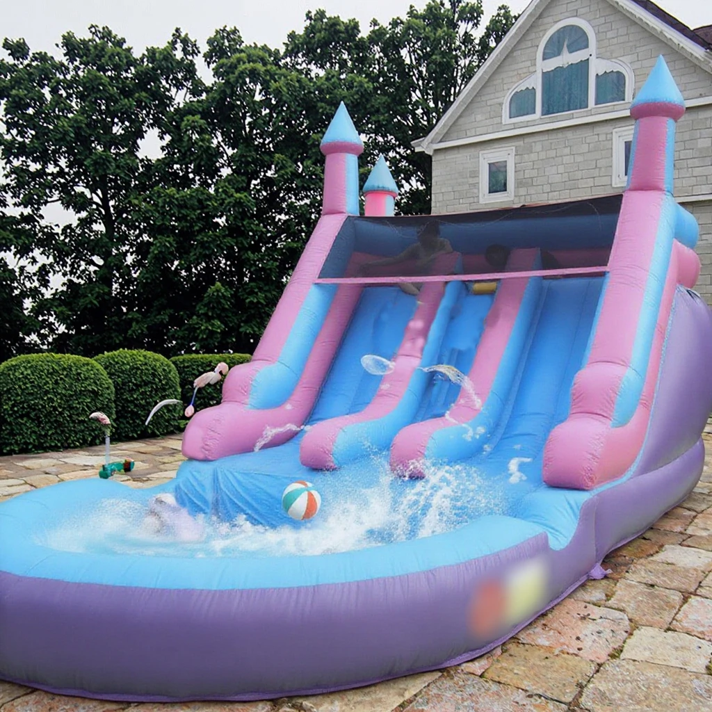 

Надувная коммерческая водная горка 6.1x3.3x3.7м с двумя дорожками, бассейном и горкой для лазания для детей