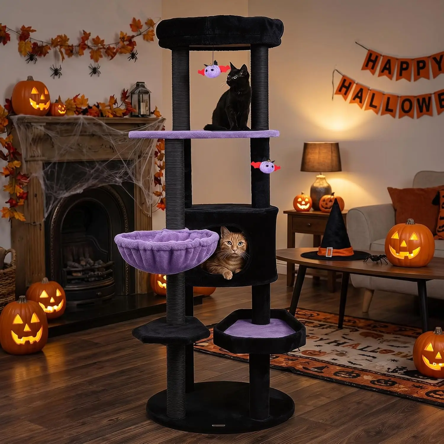 60-inch Gothic Cat Tree, Multi-Level Black Goth Cat Tower with Scratching Posts, Bat-Shaped Dangling Balls, Comfy Condo, Large