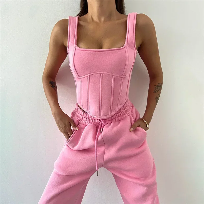 Neue Schnürhosen-Sets für Damen, schlanke, einfarbige, gespleißte Tanktops, Damen-Langarm-Kurz-Hoodies und Hosenanzüge, Damen-Outfits für den Winter