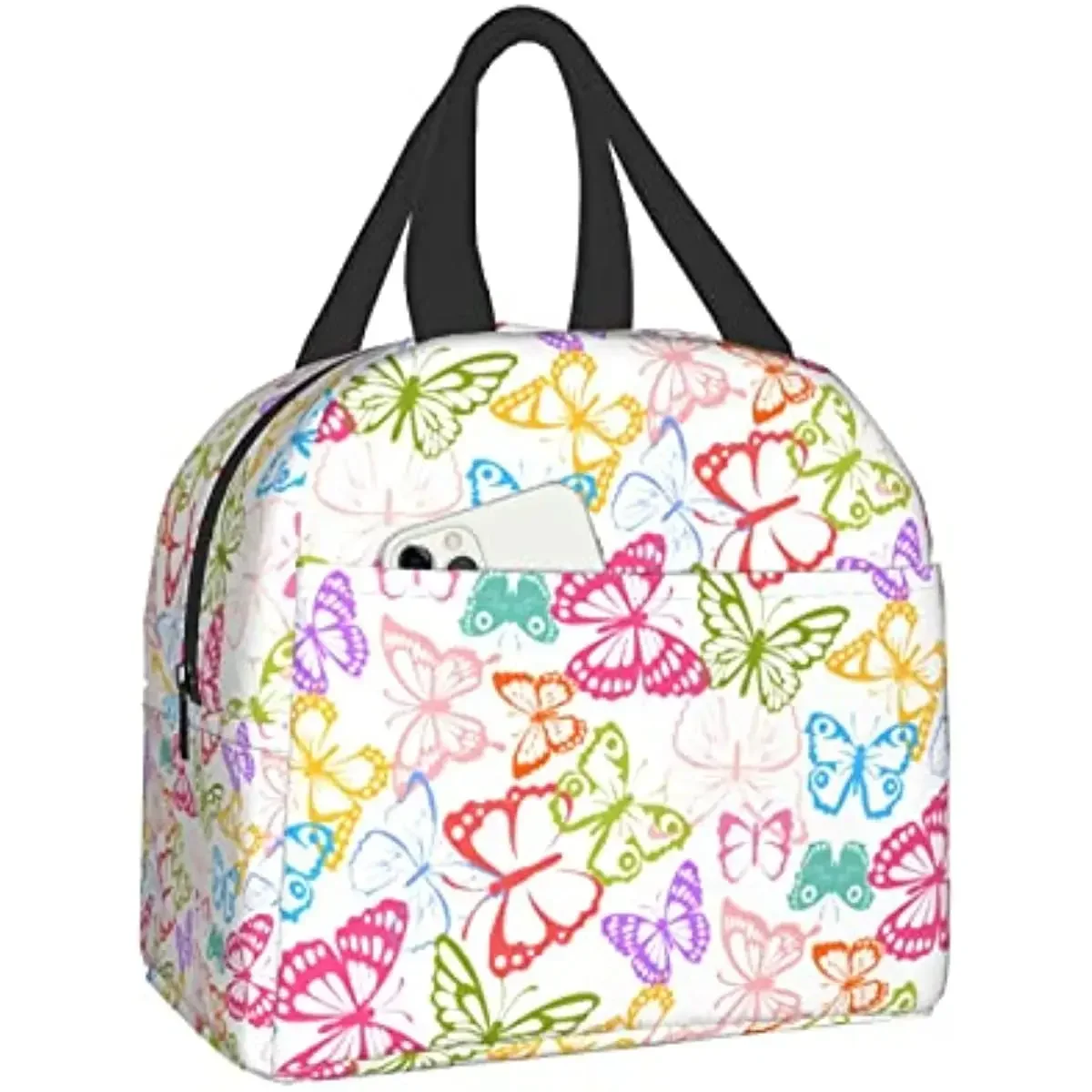 Pink Colorful Butterfly Insulated Lunch Bag Portable Lunch Bags for Girls Women Reusable Leakproof Lunch Box Picnic Travel Work