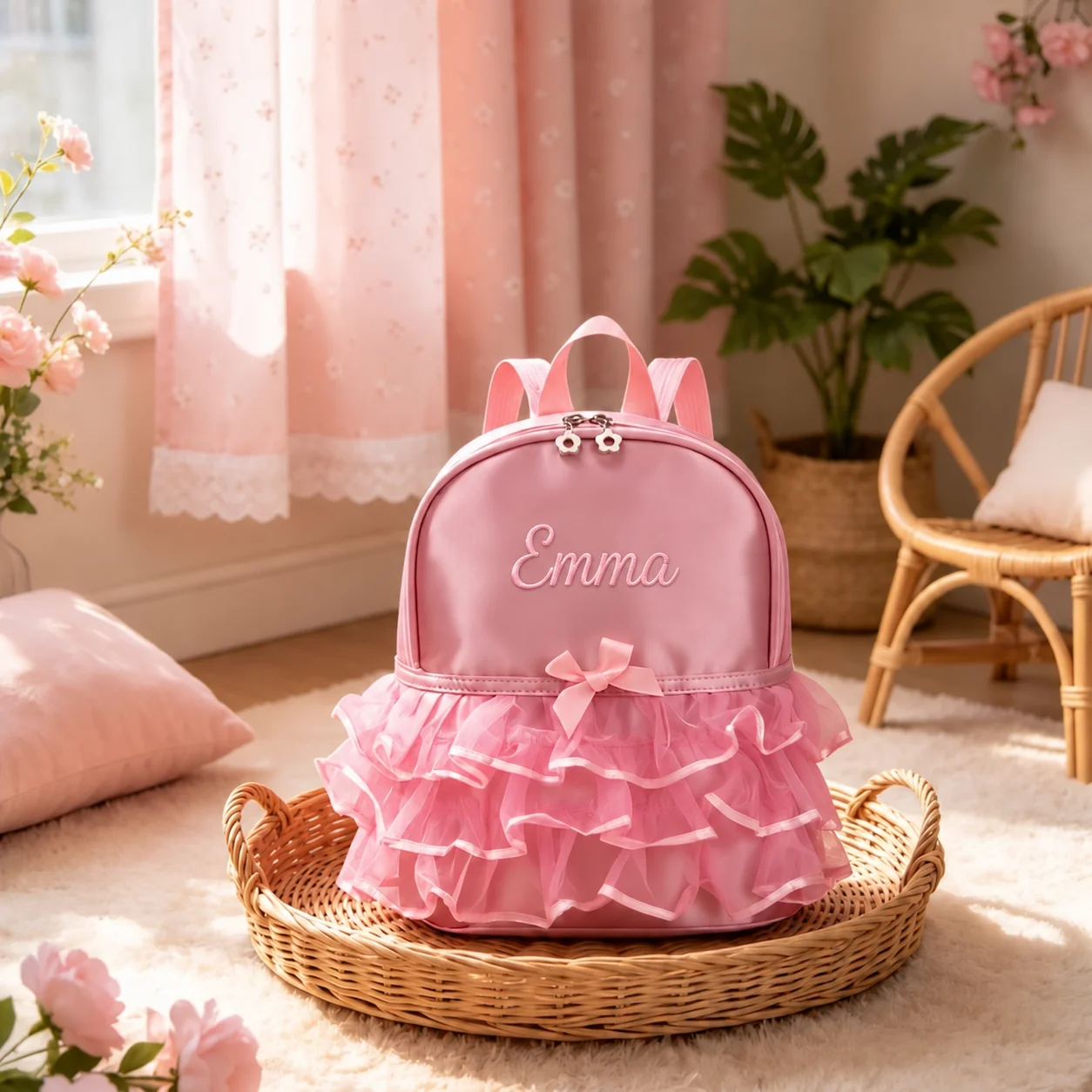 Rosa Rucksack mit besticktem Namen und Schleife, süßer mehrschichtiger Prinzessinnen-Rüschen-Tüll-Rucksack, perfekt als Geburtstags- und Weihnachtsgeschenk – Detail 11