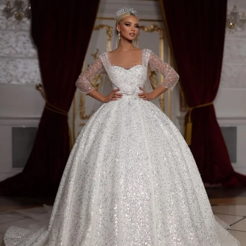 

Luxury Sparkling Princess Wedding Dress 3D Lace Glitter Women's A-line Wedding Dress Sweetheart Long Sleeve Bridal Dress Customi