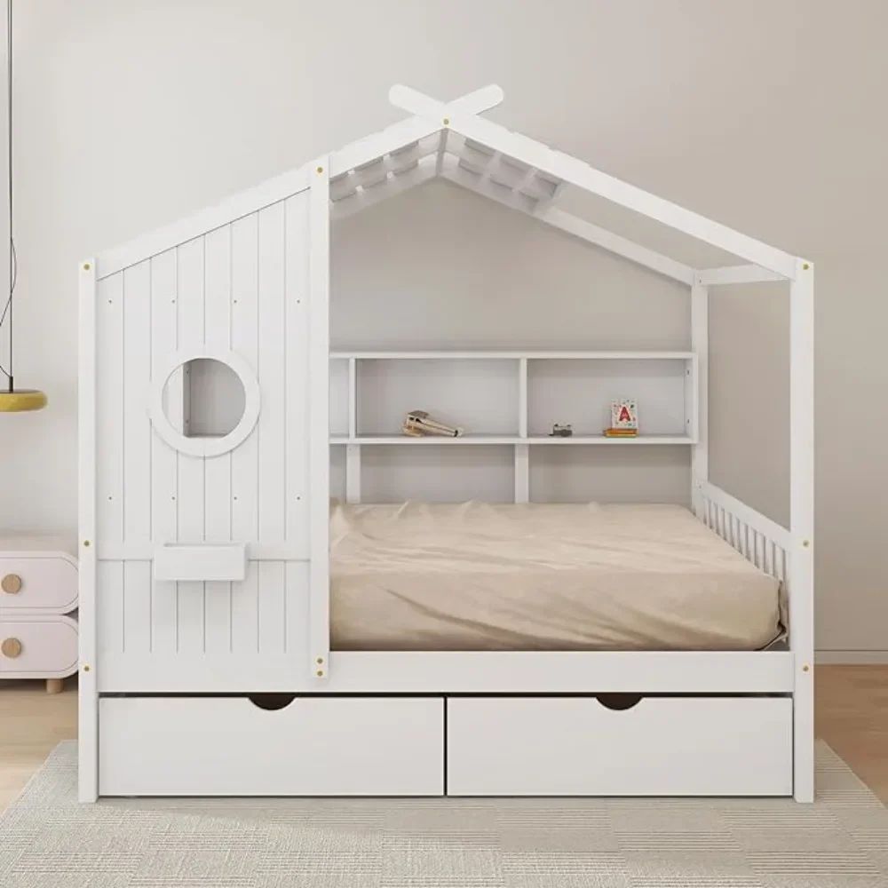 Bed for Kids,Wooden Kids Bed with Storage Drawers and Bookshelf, Built in Window Box Design,Cute Bed for Kids Toddler Boys Girls