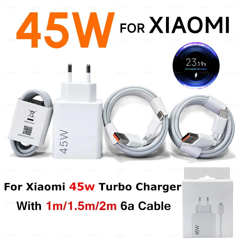 

Турбозарядное устройство 45 Вт, адаптер для быстрой зарядки, европейский кабель типа C для xiaomi Redmi Note 14 Pro Mi 11T 10T POCO X3 NFC X4 GT M5S M6