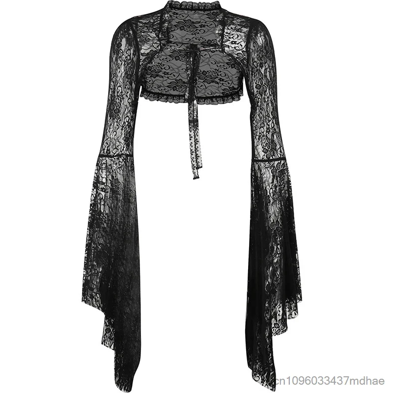 Women's Vintage Black Lace T-shirt Flare Sleeve See Through Sexy Shrugs Smock Top Elegant Cropped Tops Cosplay Outfit