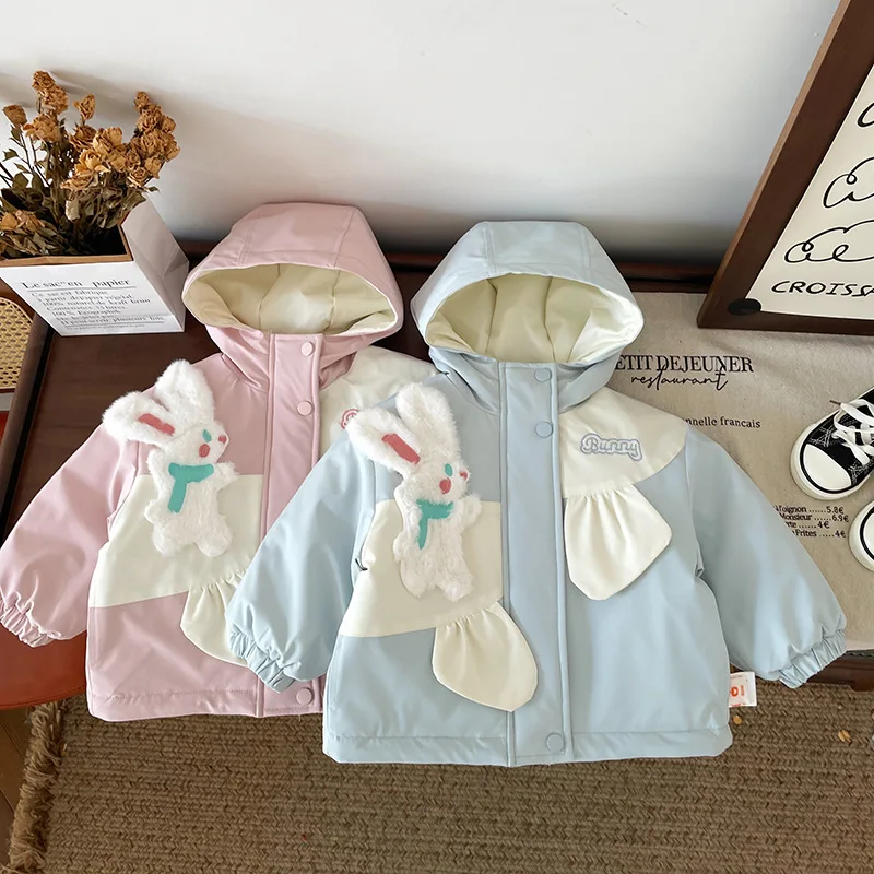 Kids Baby Girls Outerwears Coat 2024 Autumn Winter Hooded Cartoon Rabbit Contrast Toddler Girls Jacket Children Girls Coat