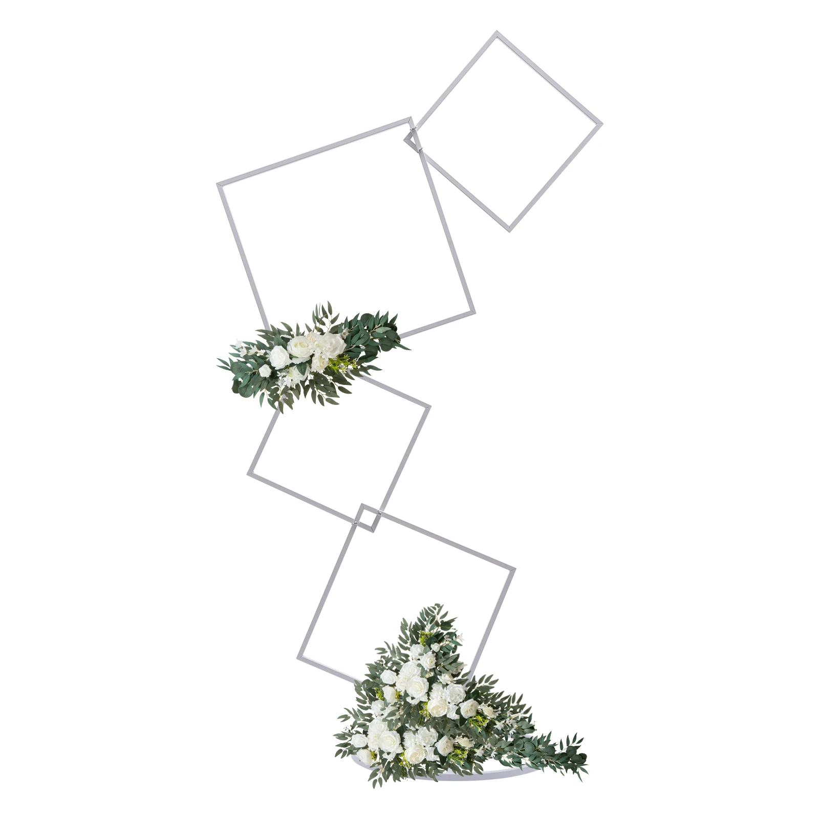 حامل زهور على شكل قوس زفاف معدني أبيض مكون من 4 طبقات، إطار بالون مربع بارتفاع 6.27 قدم مع قاعدة حديدية لتزيين خلفية الصورة #4