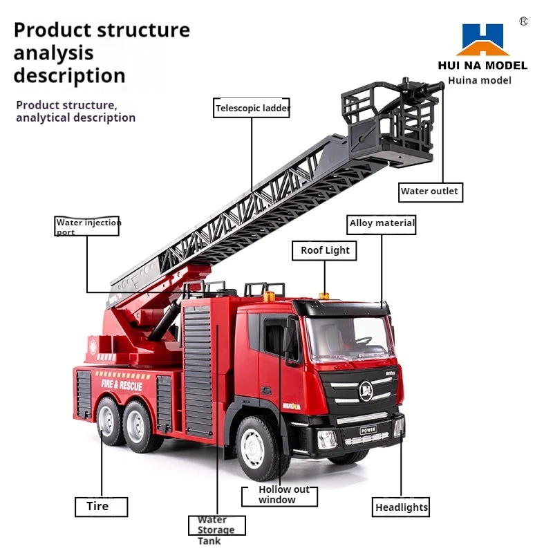 لعبة شاحنة إطفاء بجهاز تحكم عن بعد من Huina9 ، سلم رفع كهربائي ، لعبة محاكاة نموذج السيارة ، رذاذ الماء ، هدية عيد ميلاد الصبي ، مقياس