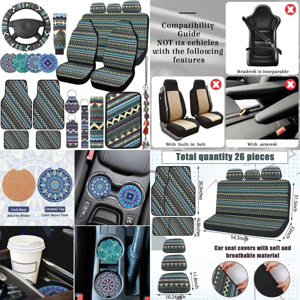 

Frienda Baja Car Seat Covers Full Set Multicolor Stripe Covers Boho Print Steering Wheel Cover Seat Belt Cover Crystal Hanging O