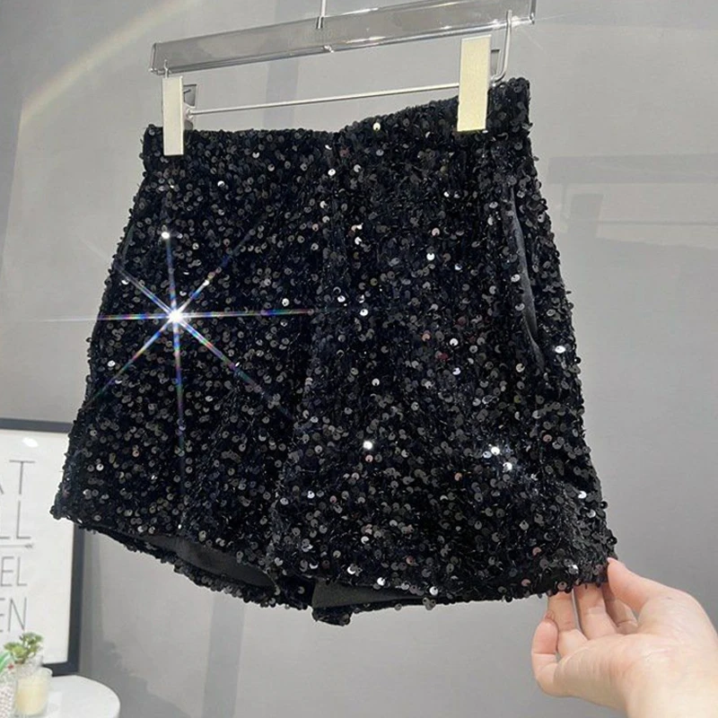 Damen Pailletten-Shorts mit elastischem Bund, glitzernde Hose, schmale Passform, lässige Hose, Nachtclub, Halloween, Festival, Party, Bühnenshow, Y2K-Shorts – Detail 4